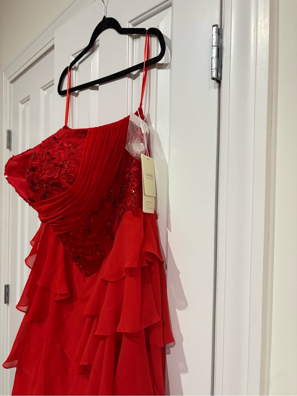 Red Strapless Layered Ruffle Gown - - Picture 5 of 5